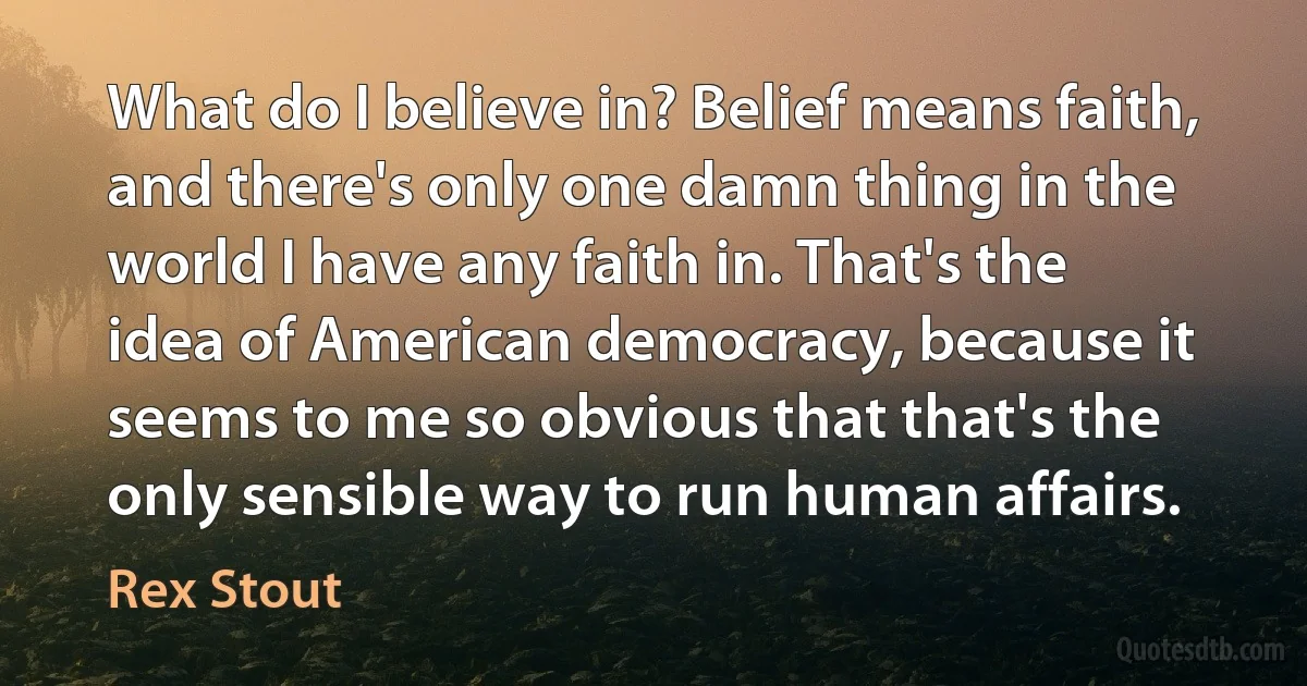 What do I believe in? Belief means faith, and there's only one damn thing in the world I have any faith in. That's the idea of American democracy, because it seems to me so obvious that that's the only sensible way to run human affairs. (Rex Stout)