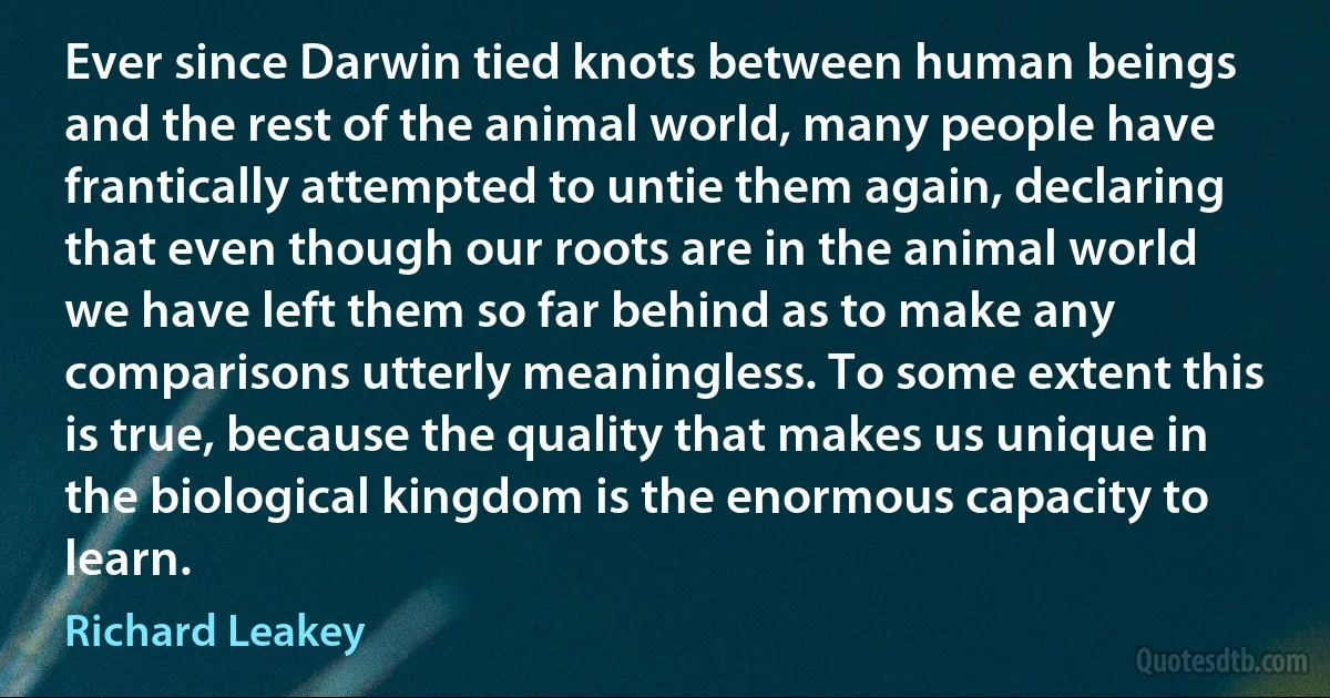 Ever since Darwin tied knots between human beings and the rest of the animal world, many people have frantically attempted to untie them again, declaring that even though our roots are in the animal world we have left them so far behind as to make any comparisons utterly meaningless. To some extent this is true, because the quality that makes us unique in the biological kingdom is the enormous capacity to learn. (Richard Leakey)