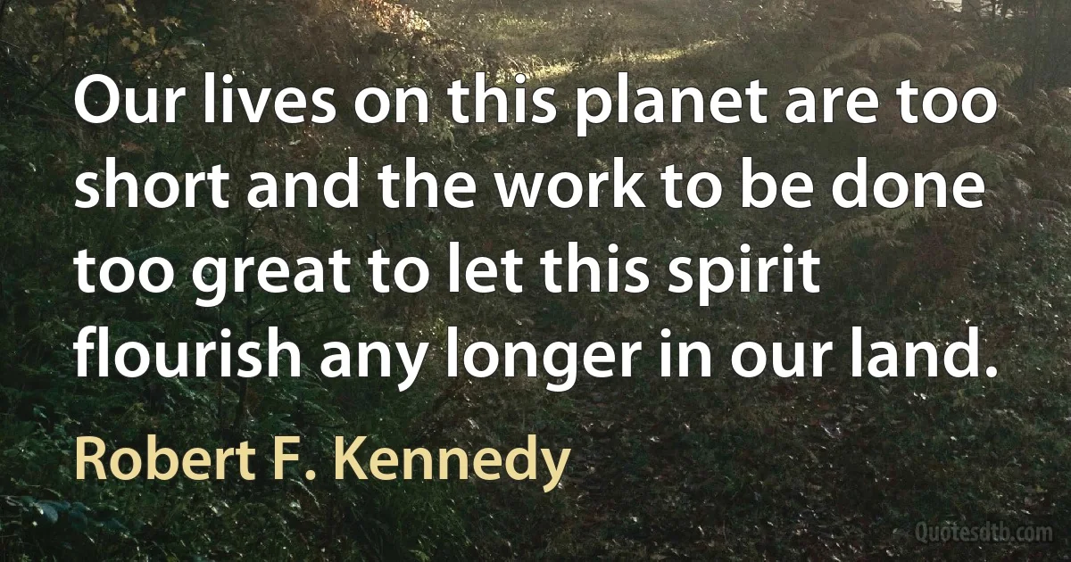 Our lives on this planet are too short and the work to be done too great to let this spirit flourish any longer in our land. (Robert F. Kennedy)