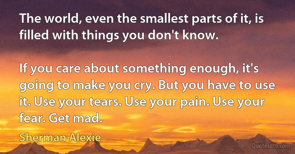 The world, even the smallest parts of it, is filled with things you don't know.

If you care about something enough, it's going to make you cry. But you have to use it. Use your tears. Use your pain. Use your fear. Get mad. (Sherman Alexie)