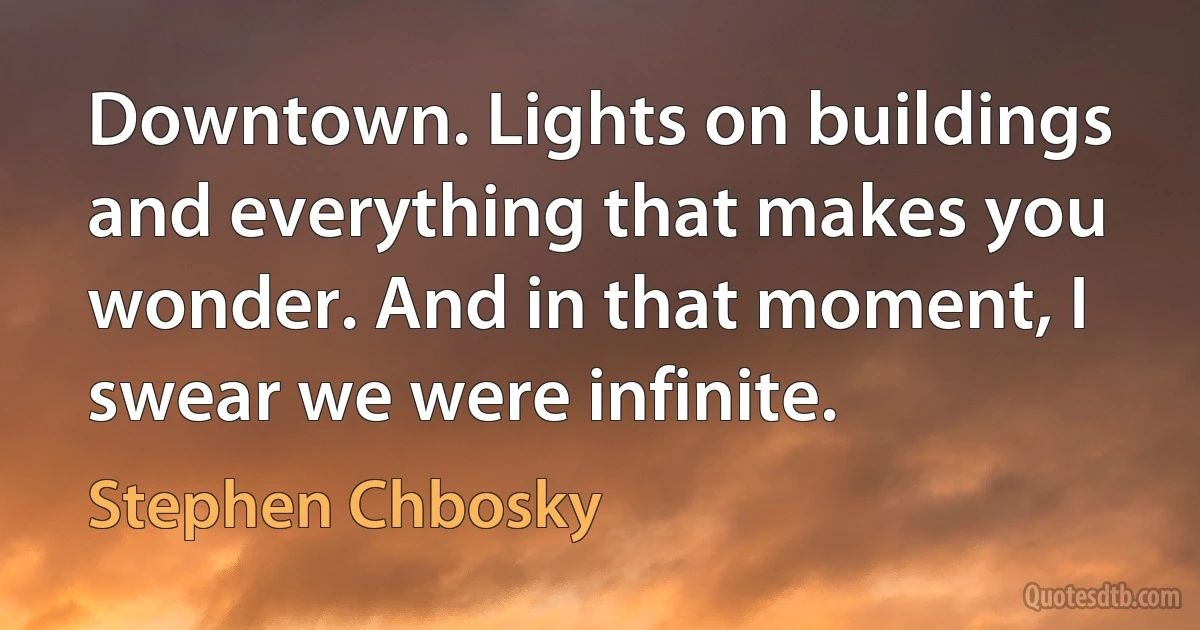 Downtown. Lights on buildings and everything that makes you wonder. And in that moment, I swear we were infinite. (Stephen Chbosky)