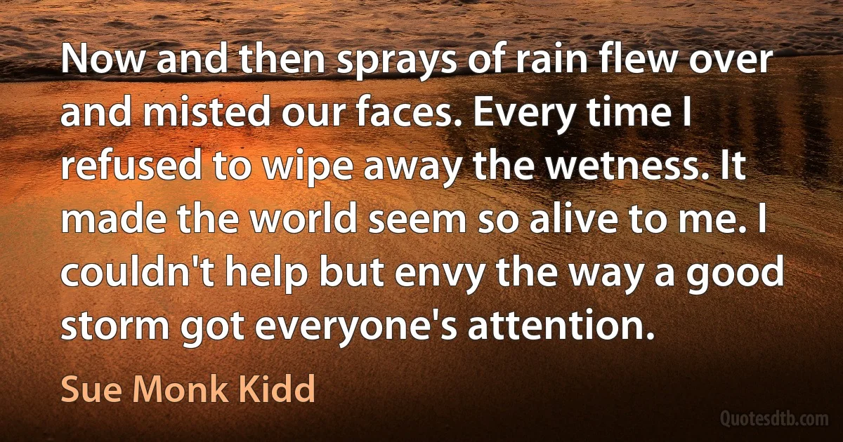 Now and then sprays of rain flew over and misted our faces. Every time I refused to wipe away the wetness. It made the world seem so alive to me. I couldn't help but envy the way a good storm got everyone's attention. (Sue Monk Kidd)