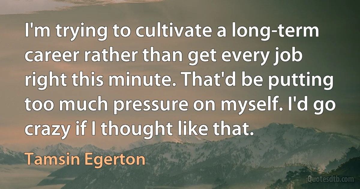 I'm trying to cultivate a long-term career rather than get every job right this minute. That'd be putting too much pressure on myself. I'd go crazy if I thought like that. (Tamsin Egerton)