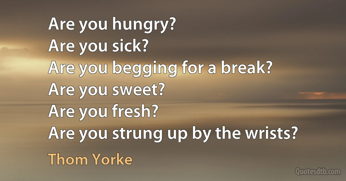 Are you hungry?
Are you sick?
Are you begging for a break?
Are you sweet?
Are you fresh?
Are you strung up by the wrists? (Thom Yorke)