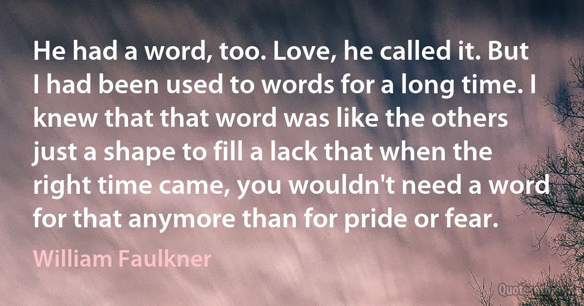 He had a word, too. Love, he called it. But I had been used to words for a long time. I knew that that word was like the others just a shape to fill a lack that when the right time came, you wouldn't need a word for that anymore than for pride or fear. (William Faulkner)