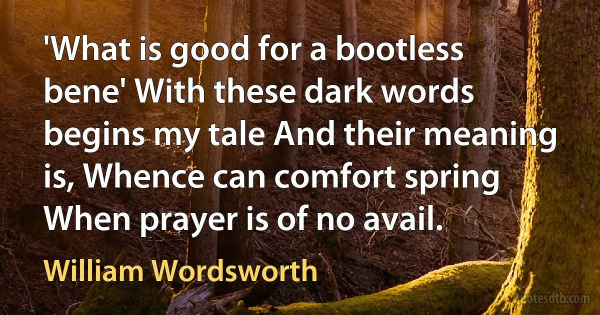 'What is good for a bootless bene' With these dark words begins my tale And their meaning is, Whence can comfort spring When prayer is of no avail. (William Wordsworth)