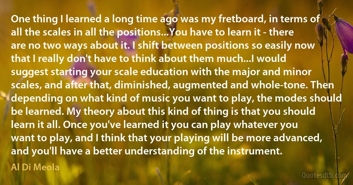 One thing I learned a long time ago was my fretboard, in terms of all the scales in all the positions...You have to learn it - there are no two ways about it. I shift between positions so easily now that I really don't have to think about them much...I would suggest starting your scale education with the major and minor scales, and after that, diminished, augmented and whole-tone. Then depending on what kind of music you want to play, the modes should be learned. My theory about this kind of thing is that you should learn it all. Once you've learned it you can play whatever you want to play, and I think that your playing will be more advanced, and you'll have a better understanding of the instrument. (Al Di Meola)