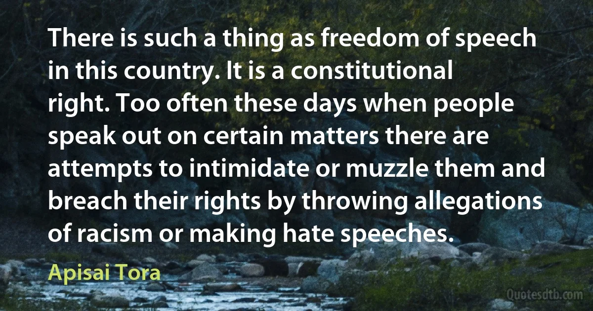 There is such a thing as freedom of speech in this country. It is a constitutional right. Too often these days when people speak out on certain matters there are attempts to intimidate or muzzle them and breach their rights by throwing allegations of racism or making hate speeches. (Apisai Tora)