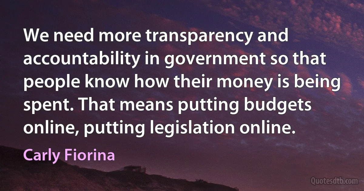 We need more transparency and accountability in government so that people know how their money is being spent. That means putting budgets online, putting legislation online. (Carly Fiorina)