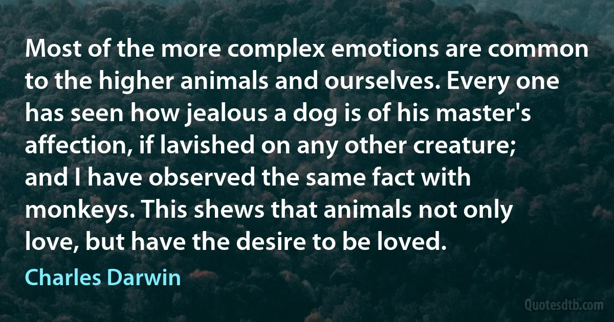 Most of the more complex emotions are common to the higher animals and ourselves. Every one has seen how jealous a dog is of his master's affection, if lavished on any other creature; and I have observed the same fact with monkeys. This shews that animals not only love, but have the desire to be loved. (Charles Darwin)