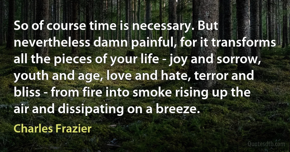 So of course time is necessary. But nevertheless damn painful, for it transforms all the pieces of your life - joy and sorrow, youth and age, love and hate, terror and bliss - from fire into smoke rising up the air and dissipating on a breeze. (Charles Frazier)