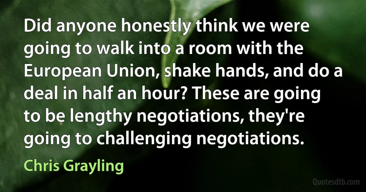 Did anyone honestly think we were going to walk into a room with the European Union, shake hands, and do a deal in half an hour? These are going to be lengthy negotiations, they're going to challenging negotiations. (Chris Grayling)