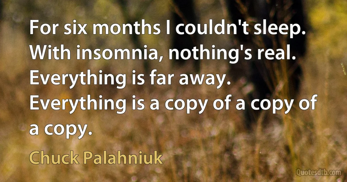 For six months I couldn't sleep. With insomnia, nothing's real. Everything is far away. Everything is a copy of a copy of a copy. (Chuck Palahniuk)