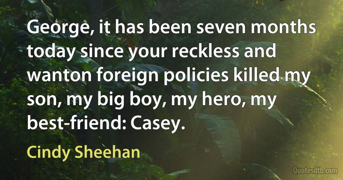 George, it has been seven months today since your reckless and wanton foreign policies killed my son, my big boy, my hero, my best-friend: Casey. (Cindy Sheehan)