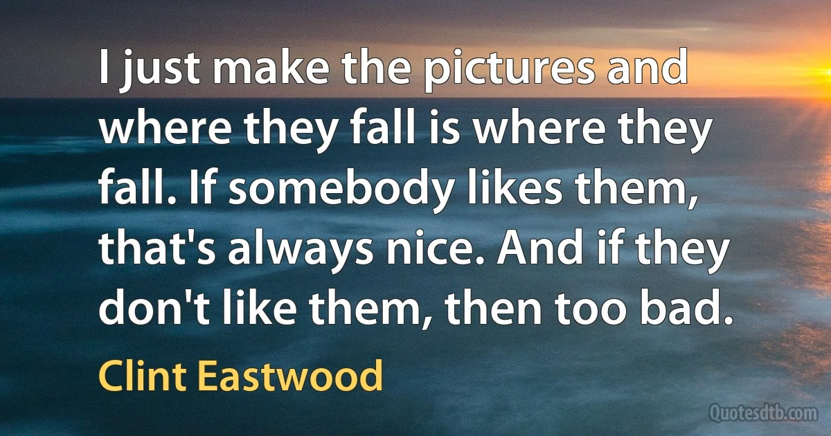 I just make the pictures and where they fall is where they fall. If somebody likes them, that's always nice. And if they don't like them, then too bad. (Clint Eastwood)