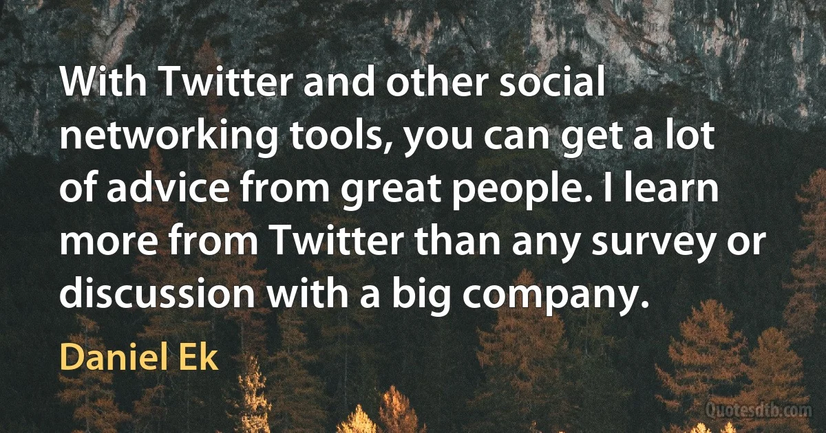 With Twitter and other social networking tools, you can get a lot of advice from great people. I learn more from Twitter than any survey or discussion with a big company. (Daniel Ek)