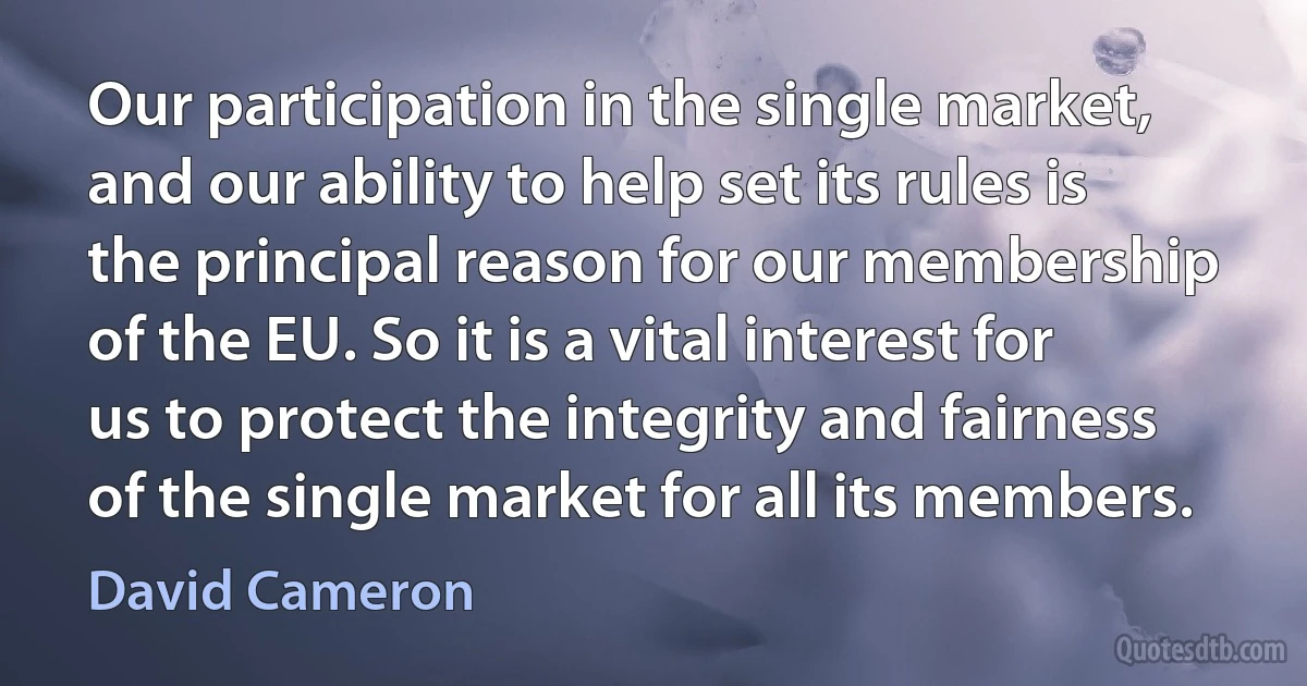 Our participation in the single market, and our ability to help set its rules is the principal reason for our membership of the EU. So it is a vital interest for us to protect the integrity and fairness of the single market for all its members. (David Cameron)