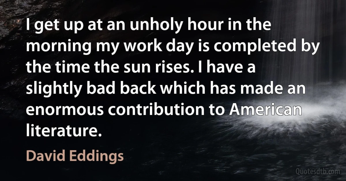 I get up at an unholy hour in the morning my work day is completed by the time the sun rises. I have a slightly bad back which has made an enormous contribution to American literature. (David Eddings)