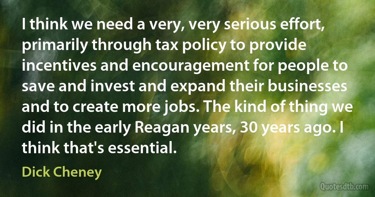 I think we need a very, very serious effort, primarily through tax policy to provide incentives and encouragement for people to save and invest and expand their businesses and to create more jobs. The kind of thing we did in the early Reagan years, 30 years ago. I think that's essential. (Dick Cheney)