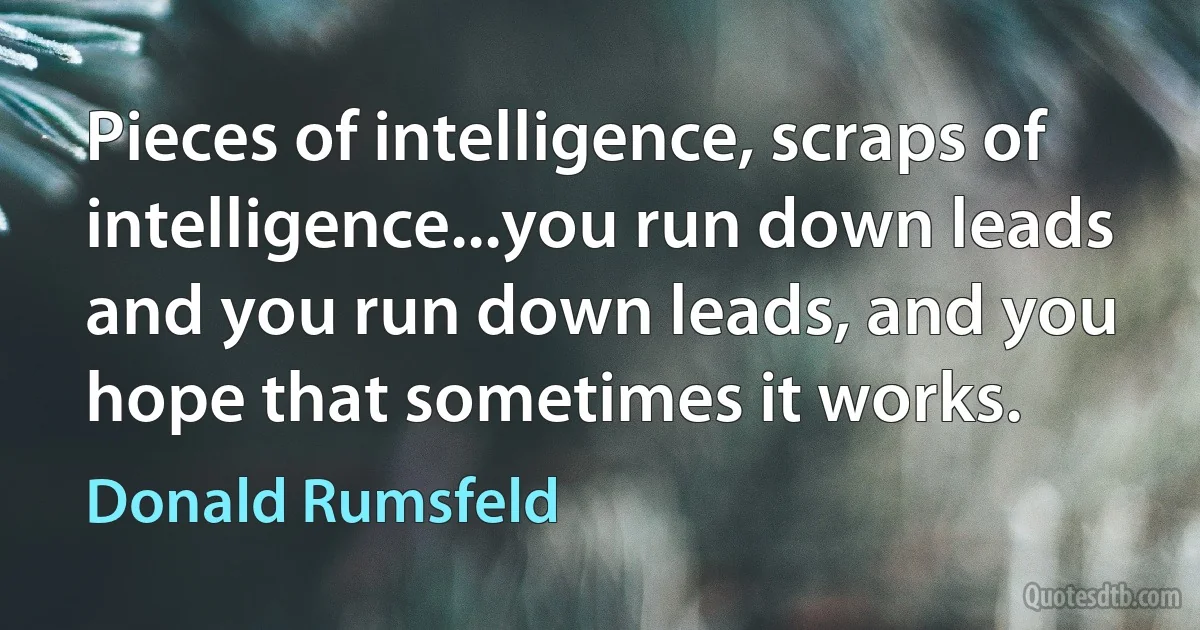 Pieces of intelligence, scraps of intelligence...you run down leads and you run down leads, and you hope that sometimes it works. (Donald Rumsfeld)