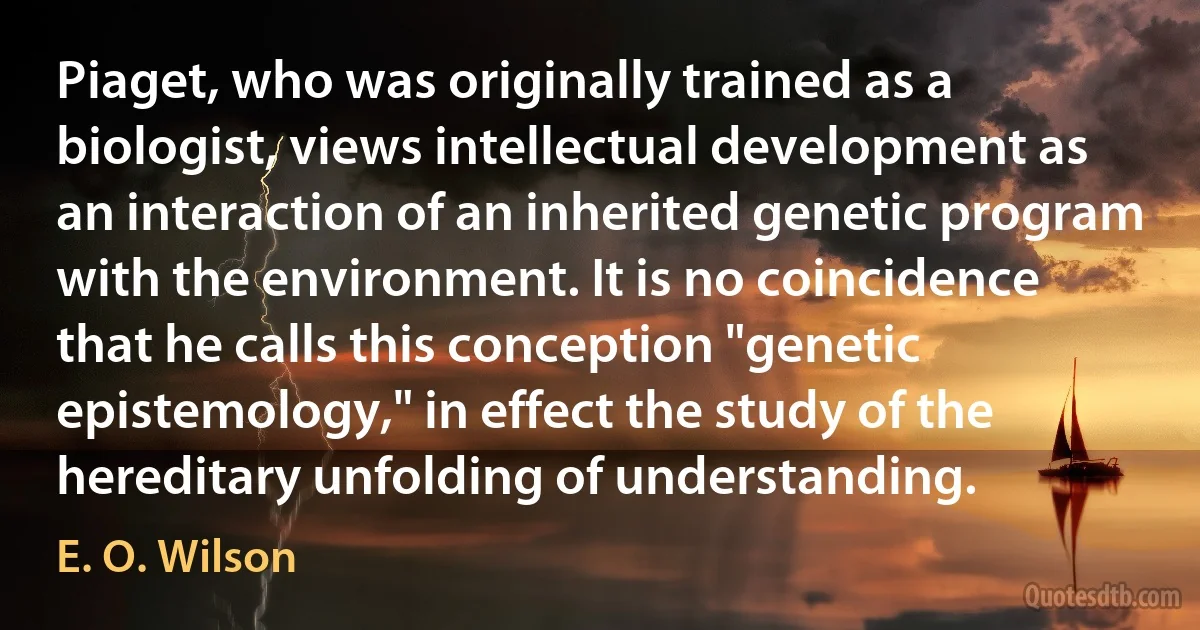 Piaget, who was originally trained as a biologist, views intellectual development as an interaction of an inherited genetic program with the environment. It is no coincidence that he calls this conception "genetic epistemology," in effect the study of the hereditary unfolding of understanding. (E. O. Wilson)