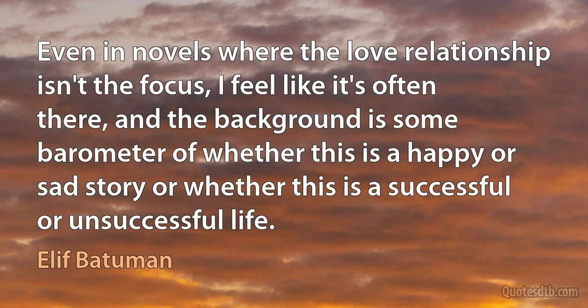 Even in novels where the love relationship isn't the focus, I feel like it's often there, and the background is some barometer of whether this is a happy or sad story or whether this is a successful or unsuccessful life. (Elif Batuman)