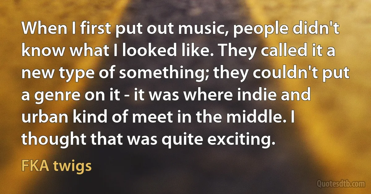 When I first put out music, people didn't know what I looked like. They called it a new type of something; they couldn't put a genre on it - it was where indie and urban kind of meet in the middle. I thought that was quite exciting. (FKA twigs)