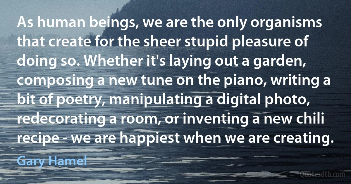 As human beings, we are the only organisms that create for the sheer stupid pleasure of doing so. Whether it's laying out a garden, composing a new tune on the piano, writing a bit of poetry, manipulating a digital photo, redecorating a room, or inventing a new chili recipe - we are happiest when we are creating. (Gary Hamel)