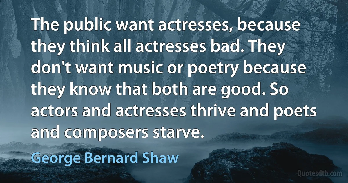 The public want actresses, because they think all actresses bad. They don't want music or poetry because they know that both are good. So actors and actresses thrive and poets and composers starve. (George Bernard Shaw)