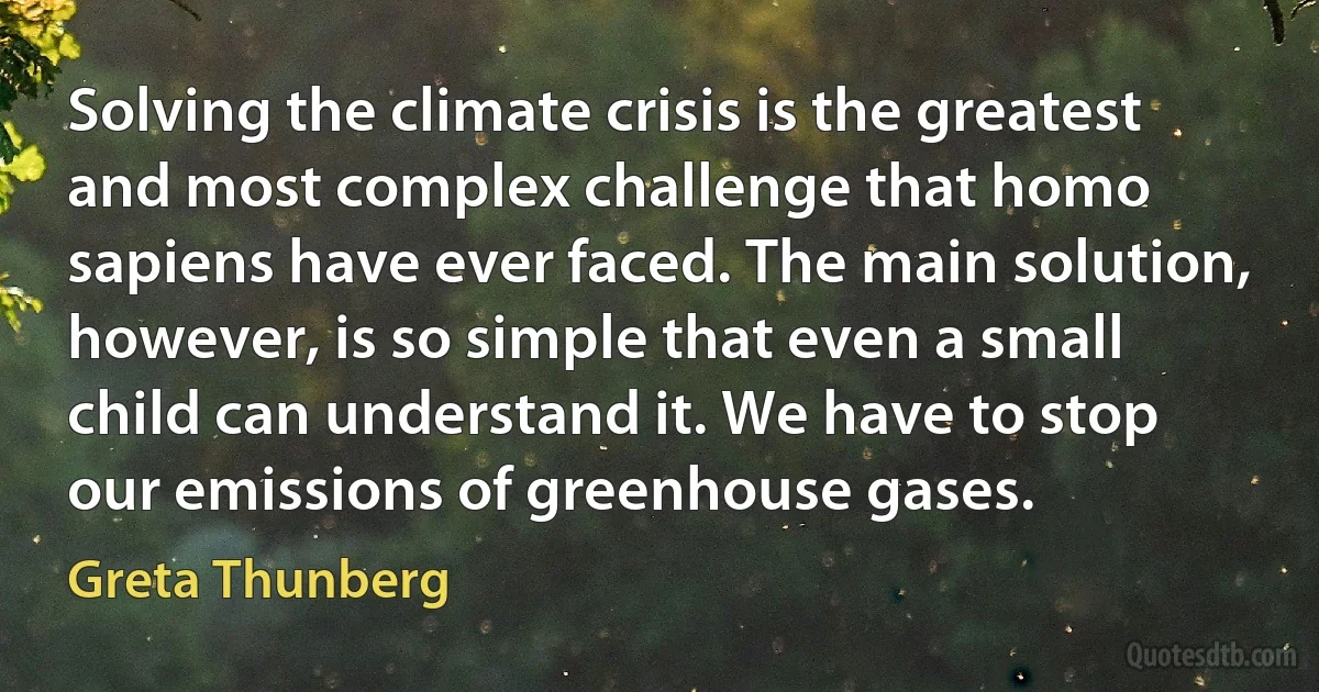 Solving the climate crisis is the greatest and most complex challenge that homo sapiens have ever faced. The main solution, however, is so simple that even a small child can understand it. We have to stop our emissions of greenhouse gases. (Greta Thunberg)