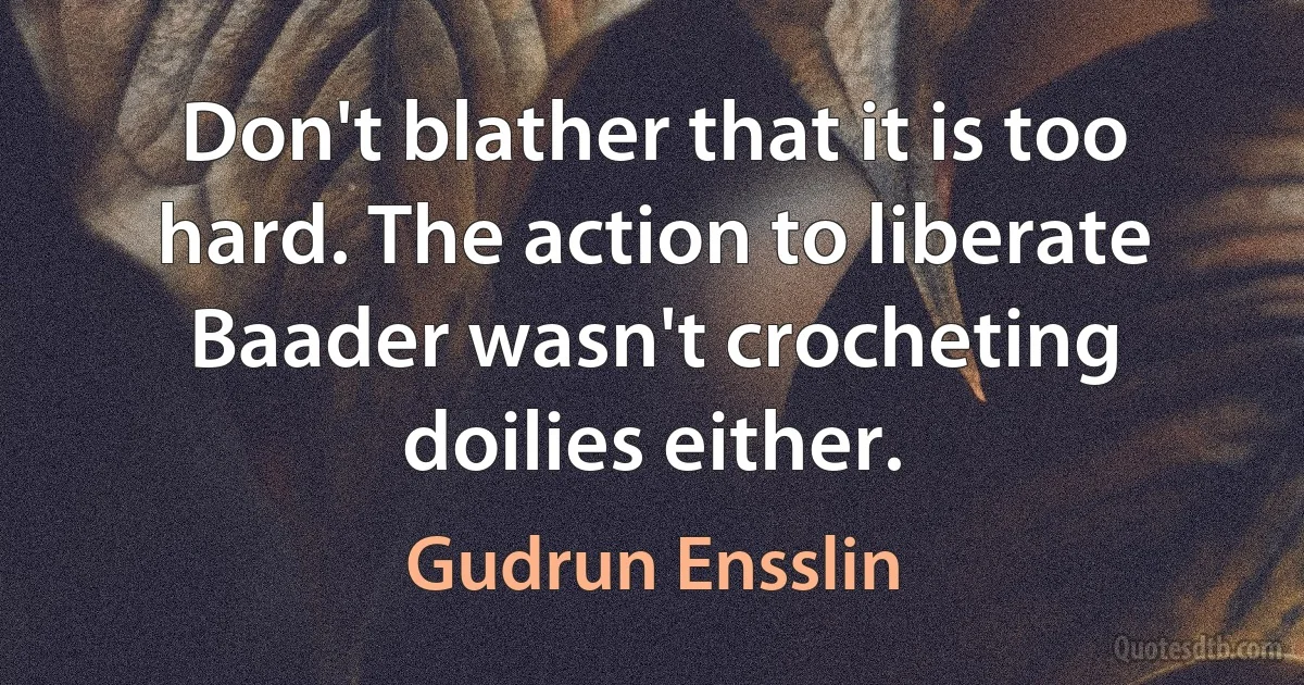 Don't blather that it is too hard. The action to liberate Baader wasn't crocheting doilies either. (Gudrun Ensslin)