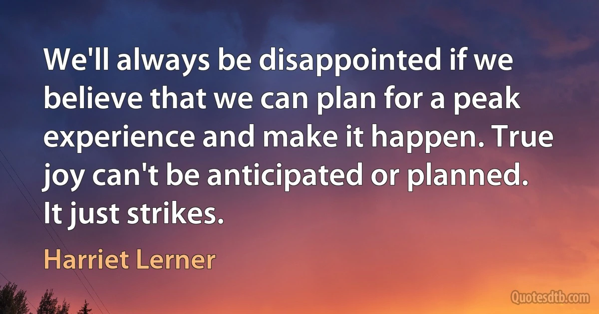 We'll always be disappointed if we believe that we can plan for a peak experience and make it happen. True joy can't be anticipated or planned. It just strikes. (Harriet Lerner)