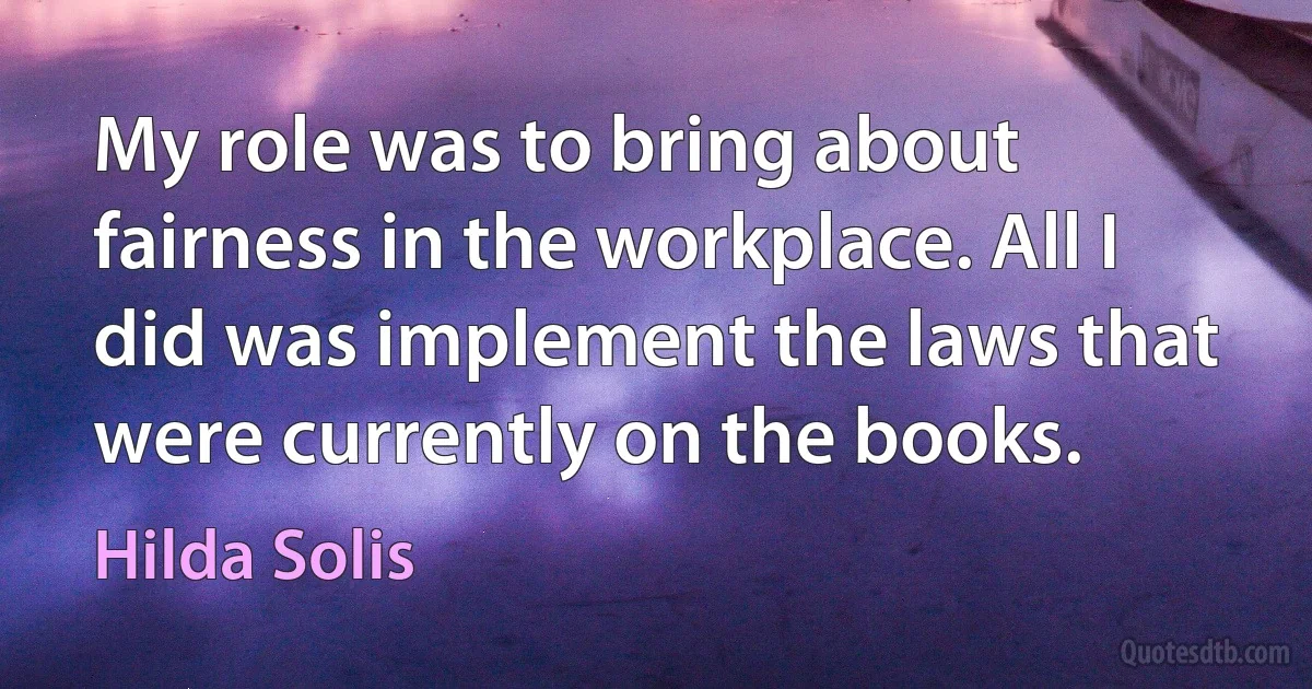 My role was to bring about fairness in the workplace. All I did was implement the laws that were currently on the books. (Hilda Solis)