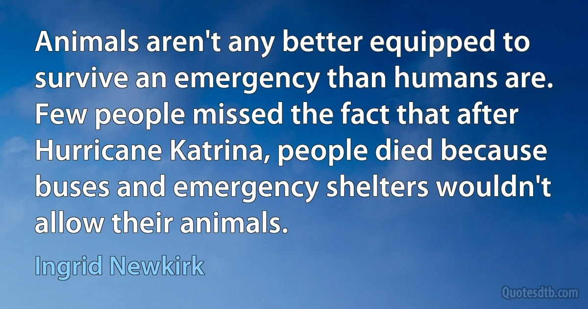 Animals aren't any better equipped to survive an emergency than humans are. Few people missed the fact that after Hurricane Katrina, people died because buses and emergency shelters wouldn't allow their animals. (Ingrid Newkirk)