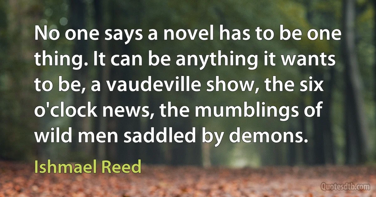 No one says a novel has to be one thing. It can be anything it wants to be, a vaudeville show, the six o'clock news, the mumblings of wild men saddled by demons. (Ishmael Reed)