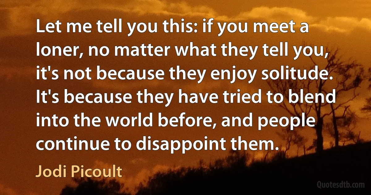 Let me tell you this: if you meet a loner, no matter what they tell you, it's not because they enjoy solitude. It's because they have tried to blend into the world before, and people continue to disappoint them. (Jodi Picoult)