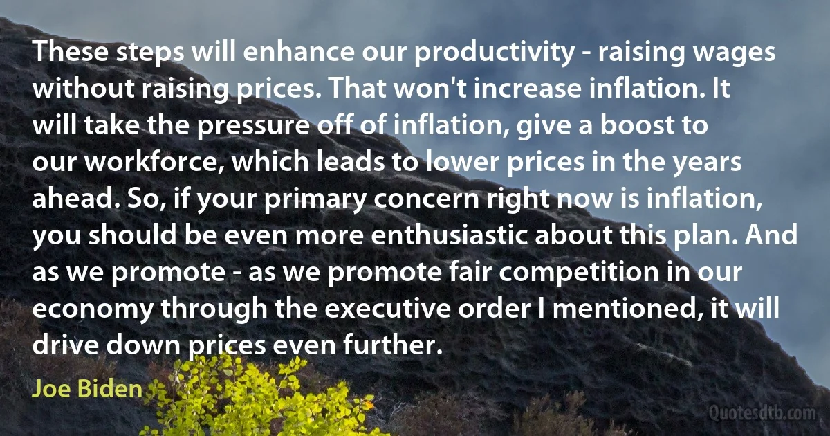 These steps will enhance our productivity - raising wages without raising prices. That won't increase inflation. It will take the pressure off of inflation, give a boost to our workforce, which leads to lower prices in the years ahead. So, if your primary concern right now is inflation, you should be even more enthusiastic about this plan. And as we promote - as we promote fair competition in our economy through the executive order I mentioned, it will drive down prices even further. (Joe Biden)