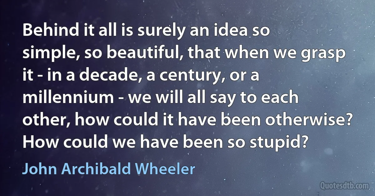 Behind it all is surely an idea so simple, so beautiful, that when we grasp it - in a decade, a century, or a millennium - we will all say to each other, how could it have been otherwise? How could we have been so stupid? (John Archibald Wheeler)