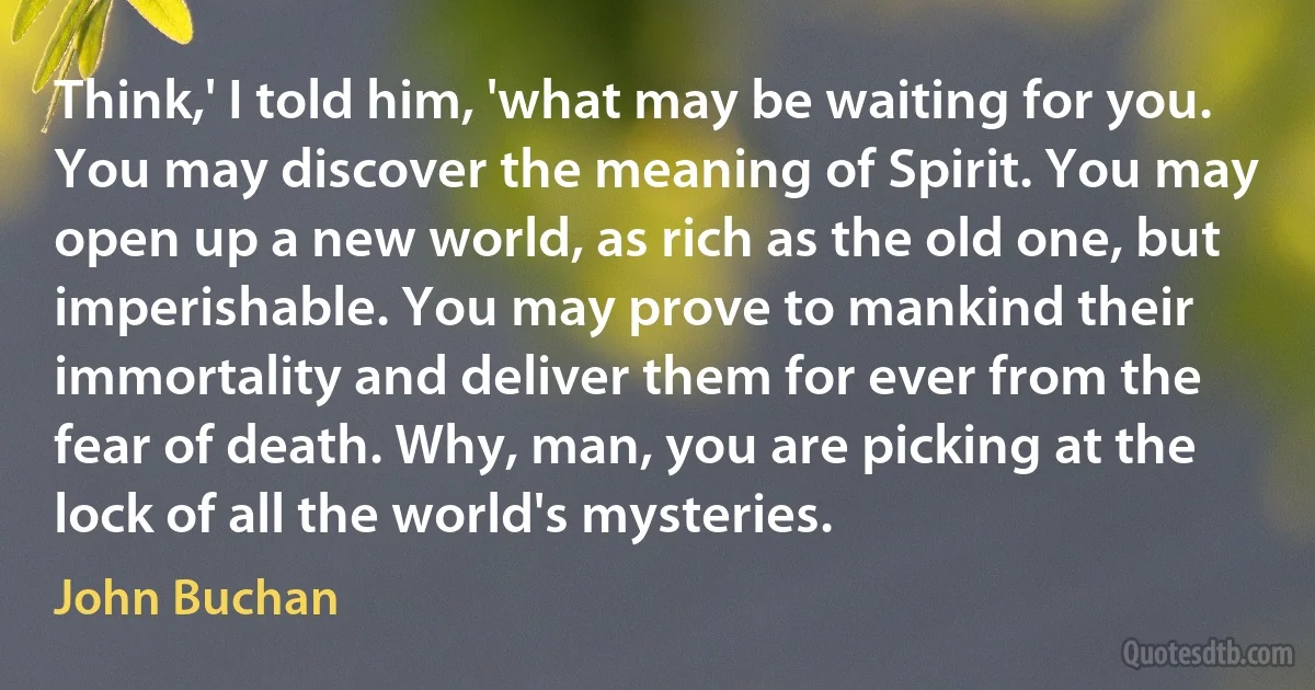 Think,' I told him, 'what may be waiting for you. You may discover the meaning of Spirit. You may open up a new world, as rich as the old one, but imperishable. You may prove to mankind their immortality and deliver them for ever from the fear of death. Why, man, you are picking at the lock of all the world's mysteries. (John Buchan)