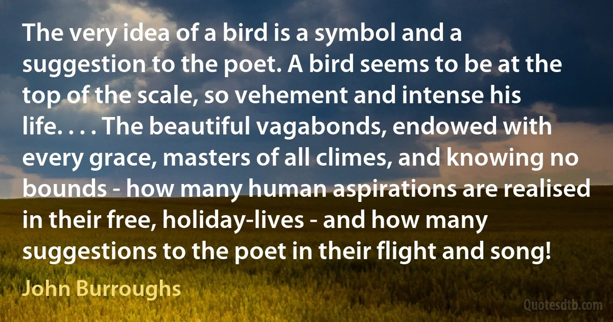 The very idea of a bird is a symbol and a suggestion to the poet. A bird seems to be at the top of the scale, so vehement and intense his life. . . . The beautiful vagabonds, endowed with every grace, masters of all climes, and knowing no bounds - how many human aspirations are realised in their free, holiday-lives - and how many suggestions to the poet in their flight and song! (John Burroughs)