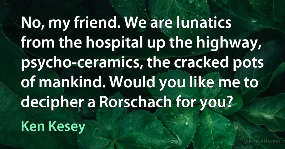 No, my friend. We are lunatics from the hospital up the highway, psycho-ceramics, the cracked pots of mankind. Would you like me to decipher a Rorschach for you? (Ken Kesey)