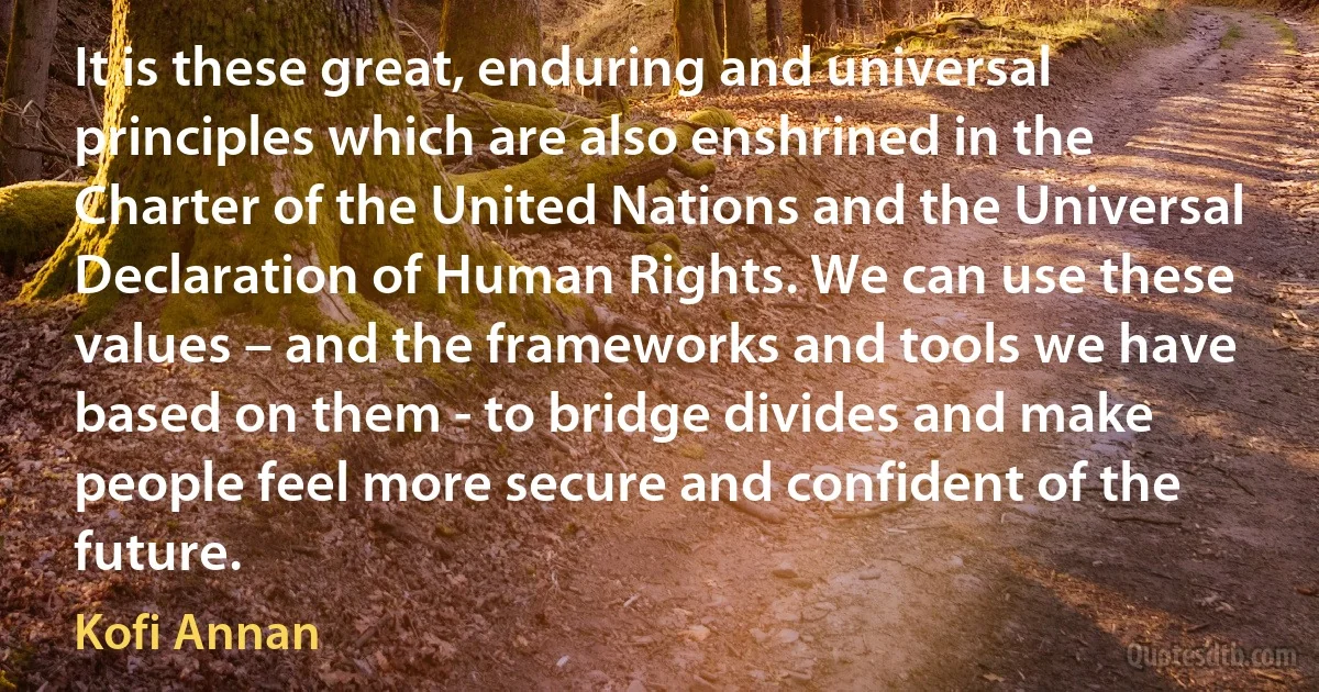 It is these great, enduring and universal principles which are also enshrined in the Charter of the United Nations and the Universal Declaration of Human Rights. We can use these values – and the frameworks and tools we have based on them - to bridge divides and make people feel more secure and confident of the future. (Kofi Annan)