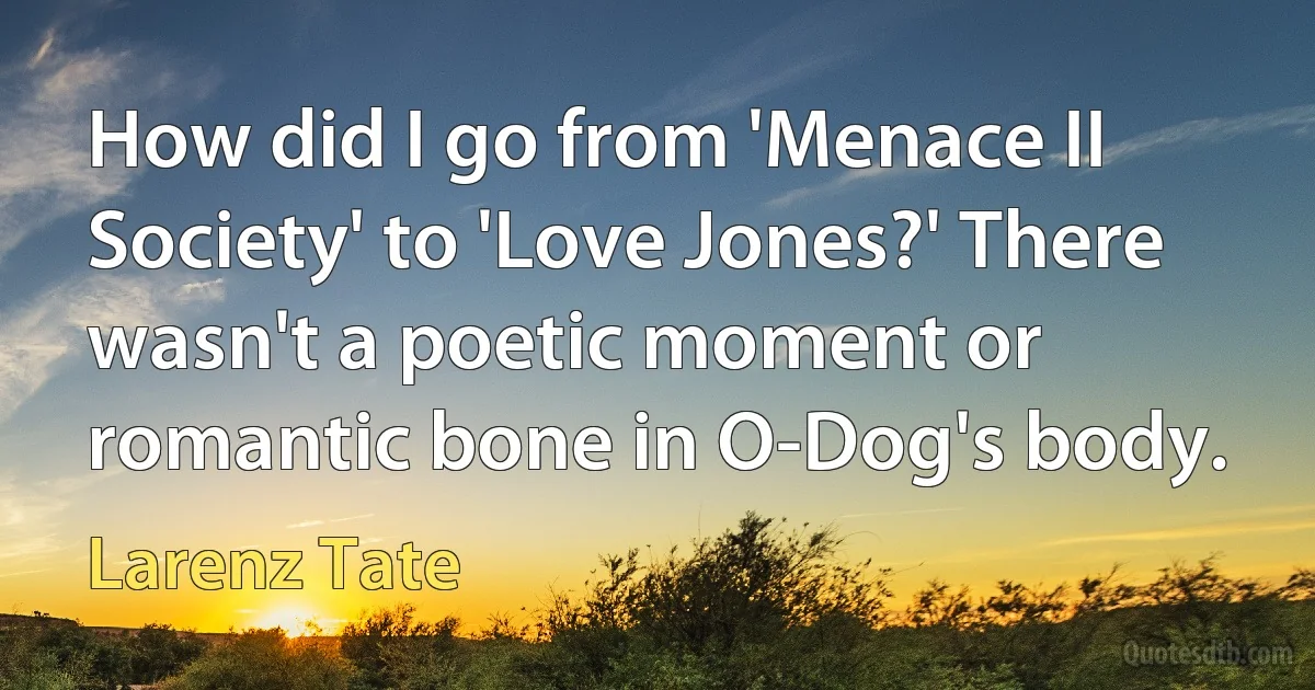 How did I go from 'Menace II Society' to 'Love Jones?' There wasn't a poetic moment or romantic bone in O-Dog's body. (Larenz Tate)