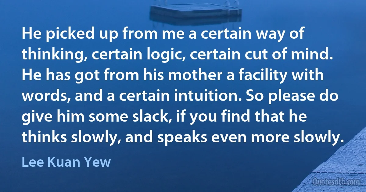 He picked up from me a certain way of thinking, certain logic, certain cut of mind. He has got from his mother a facility with words, and a certain intuition. So please do give him some slack, if you find that he thinks slowly, and speaks even more slowly. (Lee Kuan Yew)