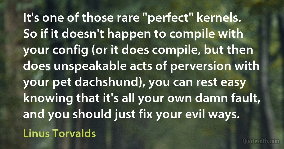 It's one of those rare "perfect" kernels. So if it doesn't happen to compile with your config (or it does compile, but then does unspeakable acts of perversion with your pet dachshund), you can rest easy knowing that it's all your own damn fault, and you should just fix your evil ways. (Linus Torvalds)