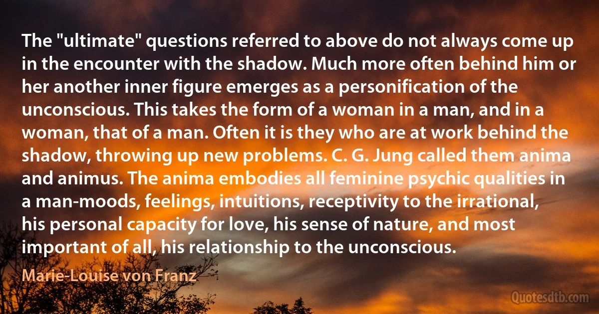 The "ultimate" questions referred to above do not always come up in the encounter with the shadow. Much more often behind him or her another inner figure emerges as a personification of the unconscious. This takes the form of a woman in a man, and in a woman, that of a man. Often it is they who are at work behind the shadow, throwing up new problems. C. G. Jung called them anima and animus. The anima embodies all feminine psychic qualities in a man-moods, feelings, intuitions, receptivity to the irrational, his personal capacity for love, his sense of nature, and most important of all, his relationship to the unconscious. (Marie-Louise von Franz)