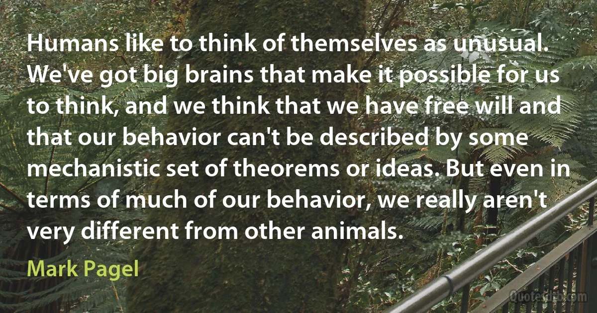 Humans like to think of themselves as unusual. We've got big brains that make it possible for us to think, and we think that we have free will and that our behavior can't be described by some mechanistic set of theorems or ideas. But even in terms of much of our behavior, we really aren't very different from other animals. (Mark Pagel)