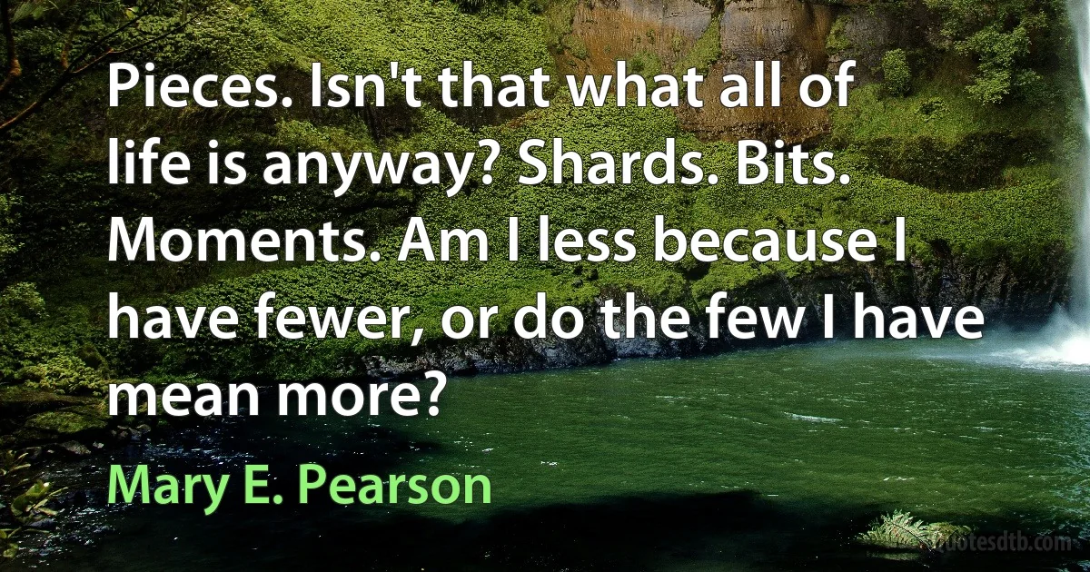 Pieces. Isn't that what all of life is anyway? Shards. Bits. Moments. Am I less because I have fewer, or do the few I have mean more? (Mary E. Pearson)