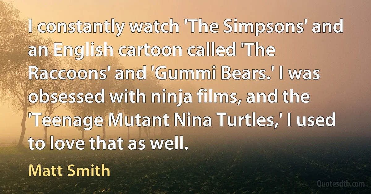 I constantly watch 'The Simpsons' and an English cartoon called 'The Raccoons' and 'Gummi Bears.' I was obsessed with ninja films, and the 'Teenage Mutant Nina Turtles,' I used to love that as well. (Matt Smith)