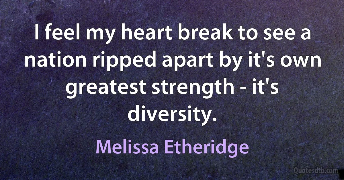 I feel my heart break to see a nation ripped apart by it's own greatest strength - it's diversity. (Melissa Etheridge)